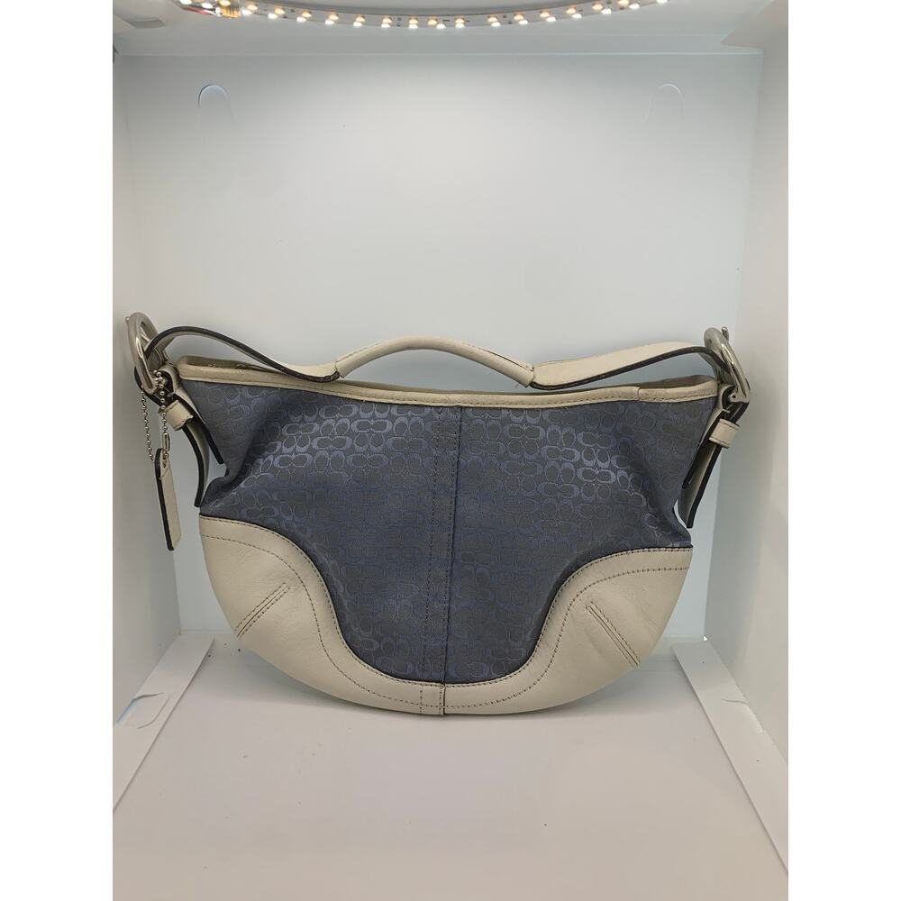 Vintage Coach Blue Signature Canvas and White Leather Small Hobo Bag Purse